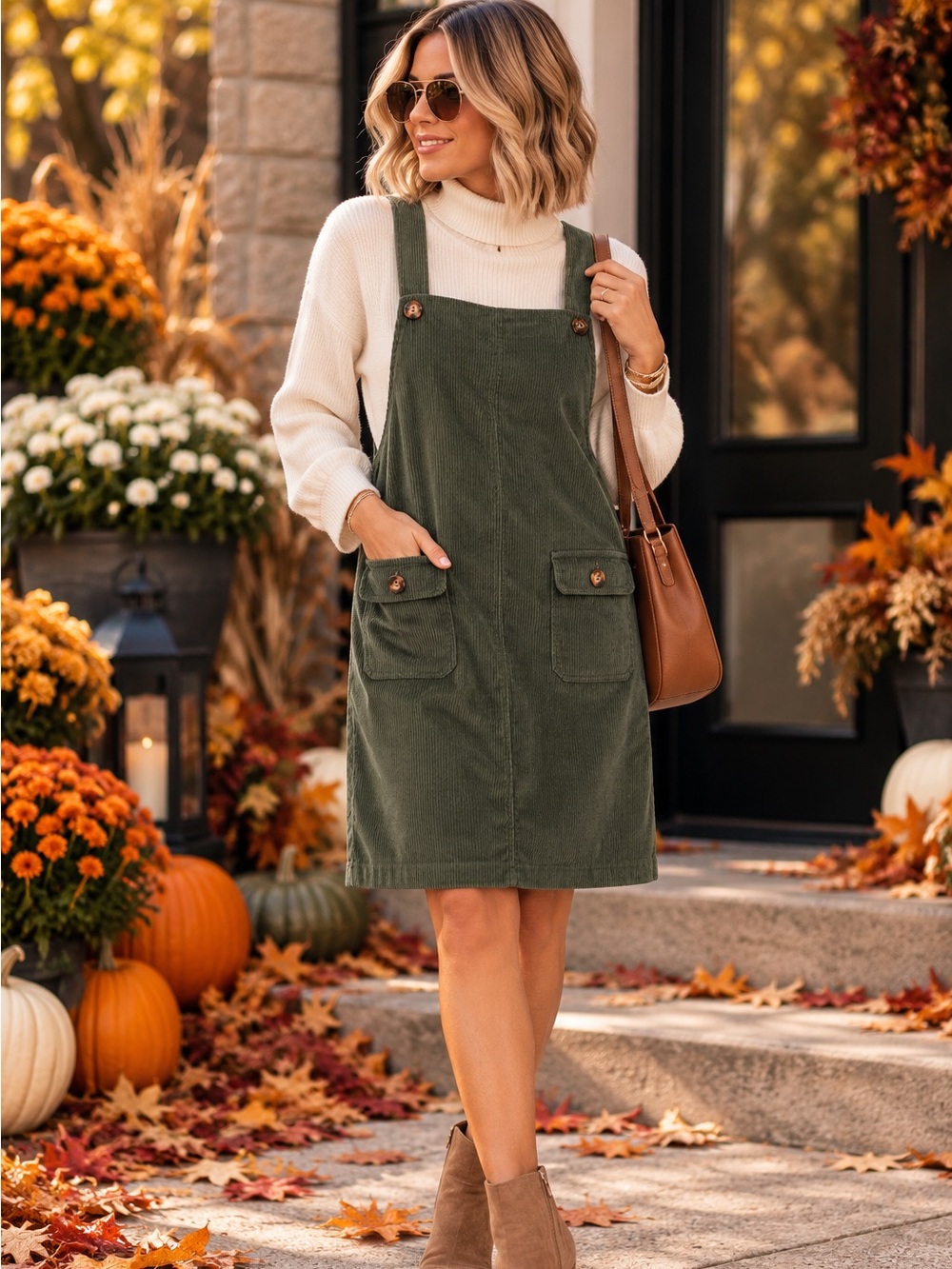 Olive Green Corduroy Pinafore Mini Dress